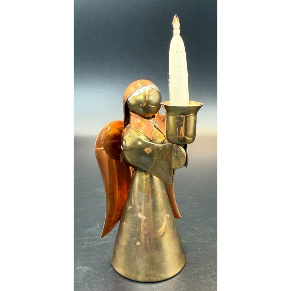 Brass and Copper Angel Candle Holder made in Hong Kong 4" Christian VTG 70's